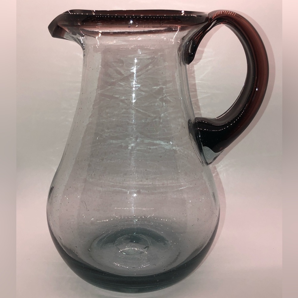 Hand Blown Glass Pitcher Made In Mexico 9” Height Purple Brown Glass Handle